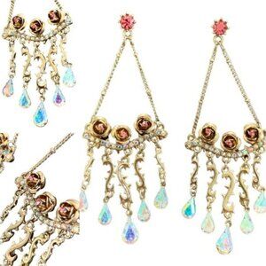 Pink Crystal Gold Roses chandelier dangle earrings iridescent